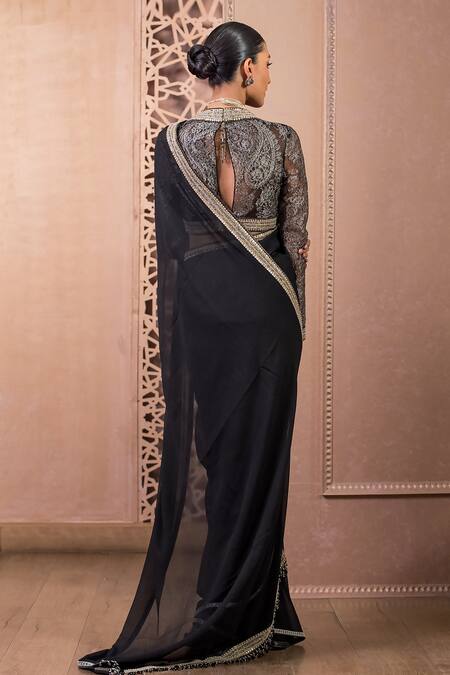 Shop Tarun Tahiliani Black Silk, Chiffon, Tassels, Scoop Neck Saree With Chantilly Blouse at Aza Fashions Shop_Tarun Tahiliani_Black Silk, Chiffon, Tassels, Scoop Neck Saree With Chantilly Blouse_at_Aza_Fashions