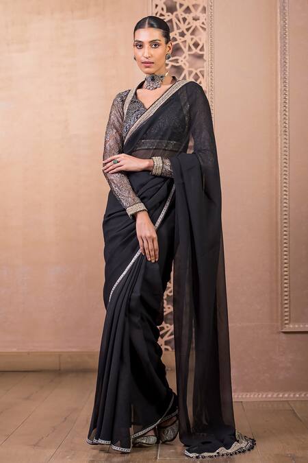 Tarun Tahiliani Black Silk, Chiffon, Tassels, Scoop Neck Saree With Chantilly Blouse Online at Aza Fashions Tarun Tahiliani_Black Silk, Chiffon, Tassels, Scoop Neck Saree With Chantilly Blouse_Online_at_Aza_Fashions