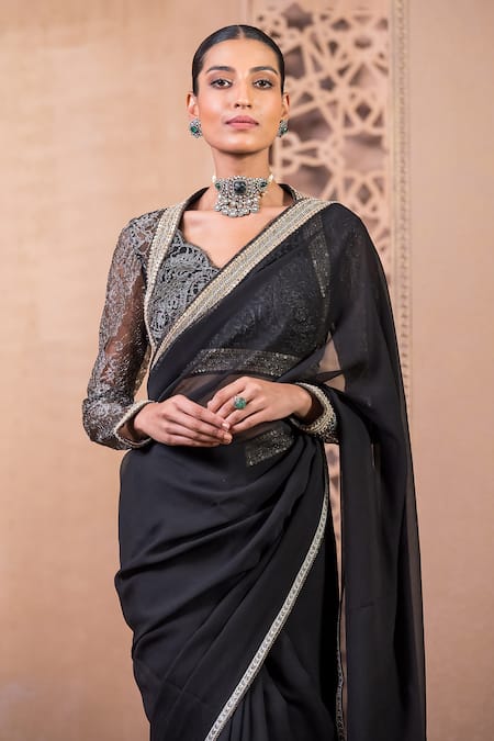 Buy Tarun Tahiliani Black Silk, Chiffon, Tassels, Scoop Neck Saree With Chantilly Blouse Online at Aza Fashions Buy_Tarun Tahiliani_Black Silk, Chiffon, Tassels, Scoop Neck Saree With Chantilly Blouse_Online_at_Aza_Fashions