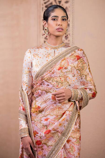 Tarun Tahiliani_Pink Satin, Jersey Embroidery Round Neck Garden Print Organza Saree And Blouse_Online_at_Aza_Fashions