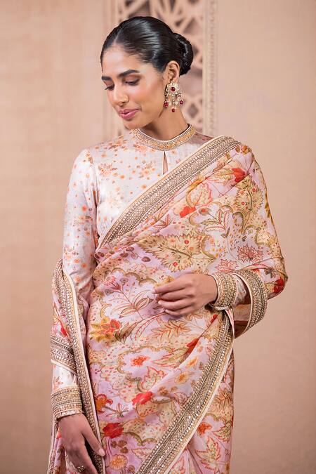 Buy_Tarun Tahiliani_Pink Satin, Jersey Embroidery Round Neck Garden Print Organza Saree And Blouse_Online_at_Aza_Fashions
