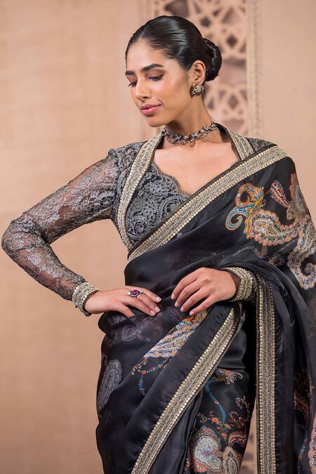 Buy Tarun Tahiliani Black Satin, Lace Embroidery Scoop Neck Paisley Print Saree With Work Blouse Online at Aza Fashions Buy_Tarun Tahiliani_Black Satin, Lace Embroidery Scoop Neck Paisley Print Saree With Work Blouse_Online_at_Aza_Fashions