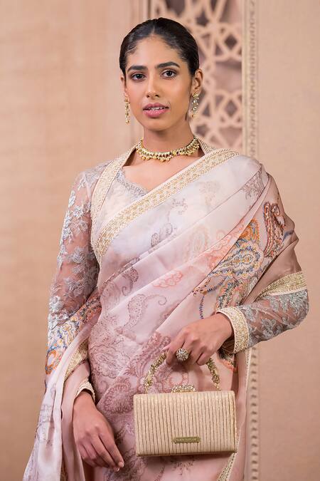 Tarun Tahiliani_Pink Satin, Organza, Embroidery, Paisley Print Saree With Work Blouse_Online_at_Aza_Fashions