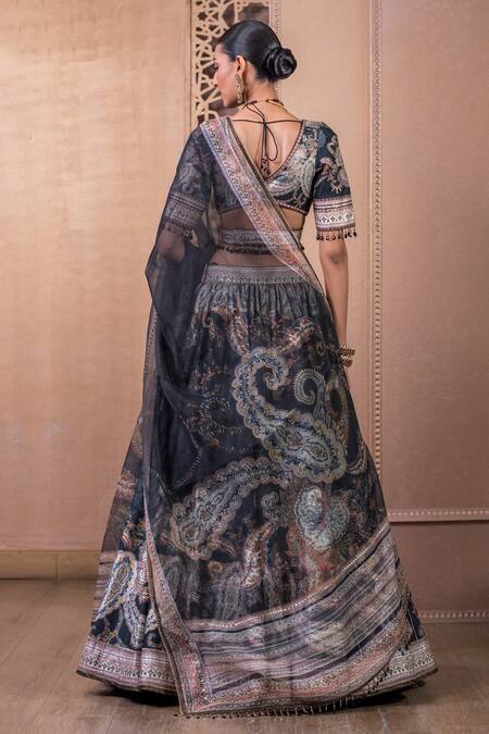 Shop_Tarun Tahiliani_Black Silk, Cotton Embroidery V-neck Paisley Print Kalidar Lehenga Set_at_Aza_Fashions