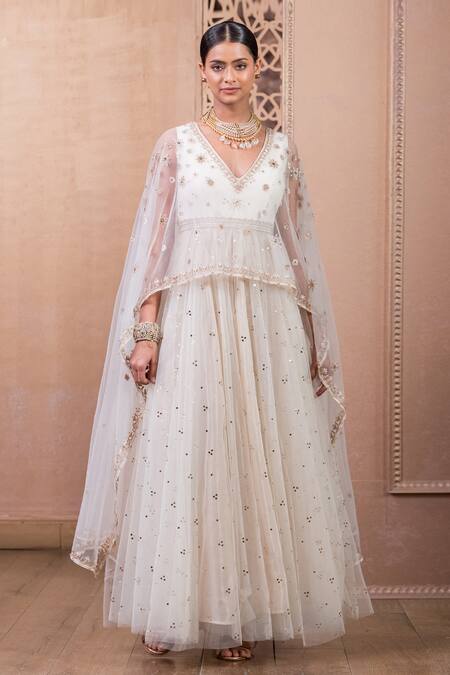 Tarun Tahiliani_Ivory Tulle Crystals V-neck Overlay Anarkali And Churidar Set_Online_at_Aza_Fashions