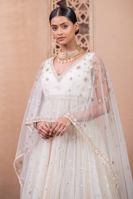 Buy_Tarun Tahiliani_Ivory Tulle Crystals V-neck Overlay Anarkali And Churidar Set_Online_at_Aza_Fashions