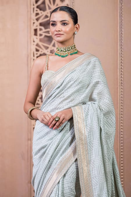 Buy Tarun Tahiliani Green Chanderi, Brocade Tassels, Zari Sweetheart Handwoven Saree With Blouse Online at Aza Fashions Buy_Tarun Tahiliani_Green Chanderi, Brocade Tassels, Zari Sweetheart Handwoven Saree With Blouse_Online_at_Aza_Fashions