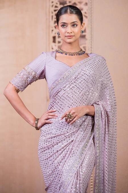 Tarun Tahiliani_Purple Georgette, Chanderi Embroidery Sweetheart Mukaish Work Saree With Blouse_Online_at_Aza_Fashions
