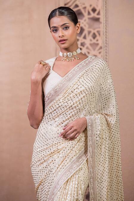 Tarun Tahiliani_Ivory Georgette, Chanderi Mirrors, Embroidery Mukaish Saree With Blouse_Online_at_Aza_Fashions