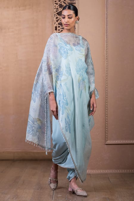 Tarun Tahiliani Blue Dhoti Pant Georgette Embroidered Floral Straight Asymmetric Top And Set 