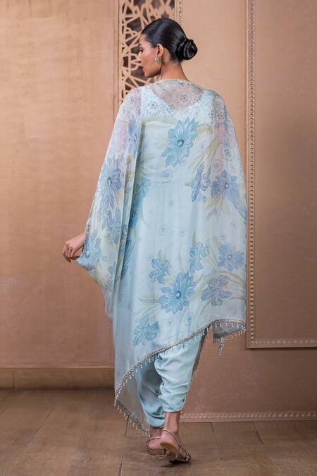 Shop Tarun Tahiliani Blue Satin, Organza, Georgette Pearls, Tassels, Asymmetric Top And Dhoti Pant Set at Aza Fashions Shop_Tarun Tahiliani_Blue Satin, Organza, Georgette Pearls, Tassels, Asymmetric Top And Dhoti Pant Set_at_Aza_Fashions