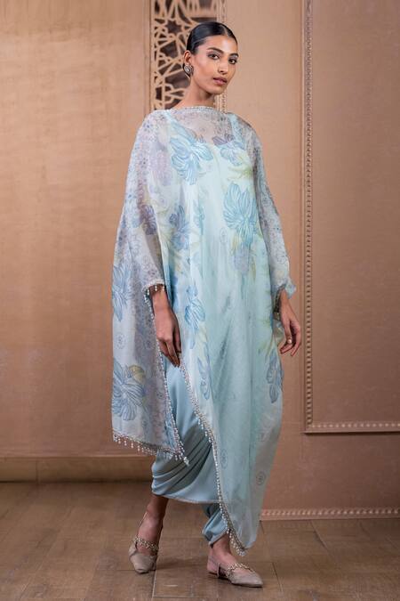 Tarun Tahiliani Blue Satin, Organza, Georgette Pearls, Tassels, Asymmetric Top And Dhoti Pant Set Online at Aza Fashions Tarun Tahiliani_Blue Satin, Organza, Georgette Pearls, Tassels, Asymmetric Top And Dhoti Pant Set_Online_at_Aza_Fashions