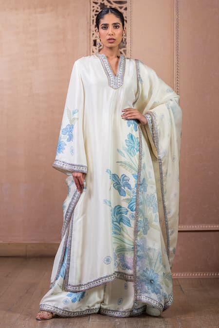 Tarun Tahiliani Beige Silk Dupion Embroidered Floral Print Bell Sleeve Kurta And Trouser Set 