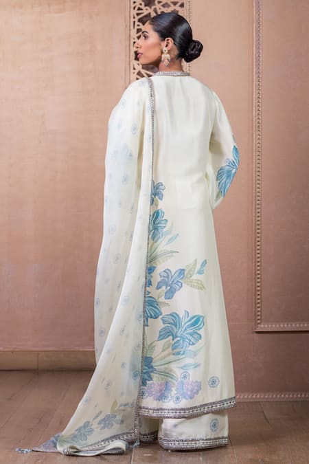 Shop Tarun Tahiliani Beige Silk Embroidery Split V-neck Floral Print Bell Sleeve Kurta And Trouser Set at Aza Fashions Shop_Tarun Tahiliani_Beige Silk Embroidery Split V-neck Floral Print Bell Sleeve Kurta And Trouser Set_at_Aza_Fashions