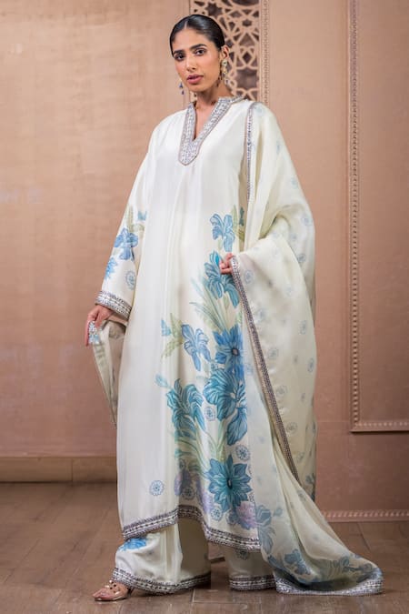 Tarun Tahiliani Beige Silk Embroidery Split V-neck Floral Print Bell Sleeve Kurta And Trouser Set Online at Aza Fashions Tarun Tahiliani_Beige Silk Embroidery Split V-neck Floral Print Bell Sleeve Kurta And Trouser Set_Online_at_Aza_Fashions