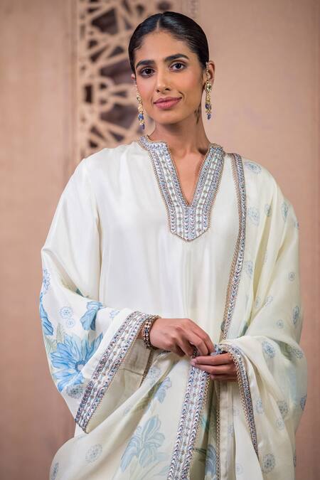 Buy Tarun Tahiliani Beige Silk Embroidery Split V-neck Floral Print Bell Sleeve Kurta And Trouser Set Online at Aza Fashions Buy_Tarun Tahiliani_Beige Silk Embroidery Split V-neck Floral Print Bell Sleeve Kurta And Trouser Set_Online_at_Aza_Fashions