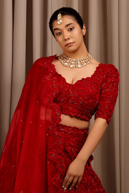 Shloka Sudhakar_Red Organza, Net Cut Work, Embroidery V-neck Floral Bloom Bridal Lehenga Set _Online_at_Aza_Fashions