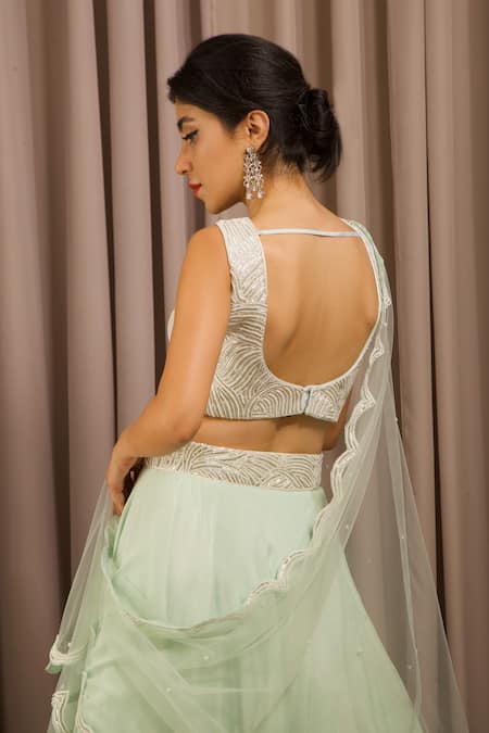 Shop_Shloka Sudhakar_Blue Net Embroidery Pearls V Neck Hand Lehenga Set _at_Aza_Fashions