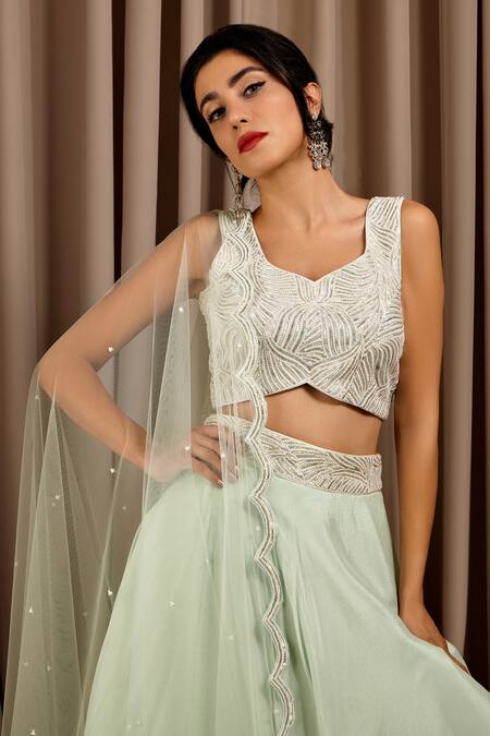 Buy_Shloka Sudhakar_Blue Net Embroidery Pearls V Neck Hand Lehenga Set _Online_at_Aza_Fashions