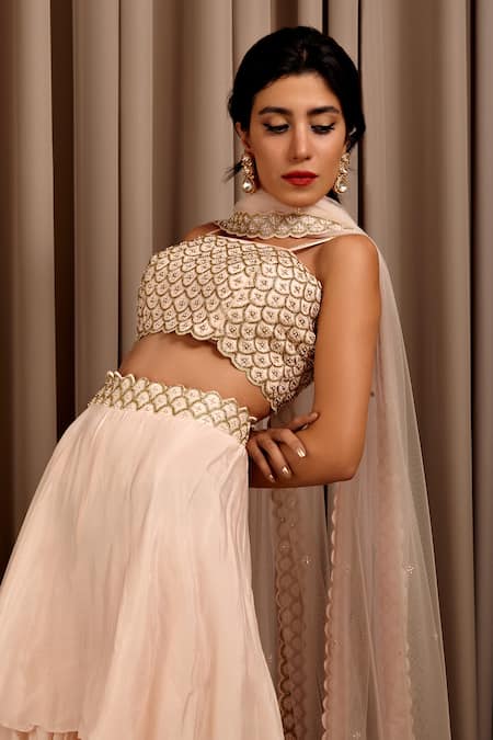 Shloka Sudhakar Peach Chinon Embroidery Pearls Scallop Blouse And Layered Pant Set Online at Aza Fashions Shloka Sudhakar_Peach Chinon Embroidery Pearls Scallop Blouse And Layered Pant Set _Online_at_Aza_Fashions