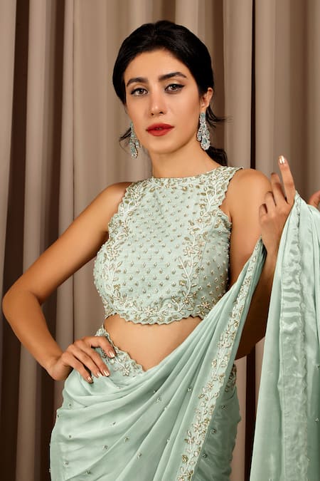 Shloka Sudhakar Blue Chinon Embroidery Pearls Round Neck Saree With Floral Blouse Online at Aza Fashions Shloka Sudhakar_Blue Chinon Embroidery Pearls Round Neck Saree With Floral Blouse _Online_at_Aza_Fashions