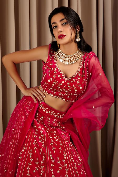 Shloka Sudhakar Pink Seude Embroidery Zari V Neck Flower Lehenga Set Online at Aza Fashions Shloka Sudhakar_Pink Seude Embroidery Zari V Neck Flower Lehenga Set _Online_at_Aza_Fashions