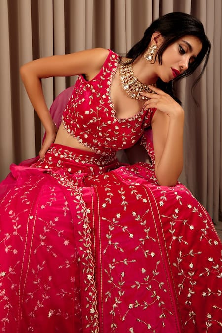 Buy Shloka Sudhakar Pink Seude Embroidery Zari V Neck Flower Lehenga Set Online at Aza Fashions Buy_Shloka Sudhakar_Pink Seude Embroidery Zari V Neck Flower Lehenga Set _Online_at_Aza_Fashions