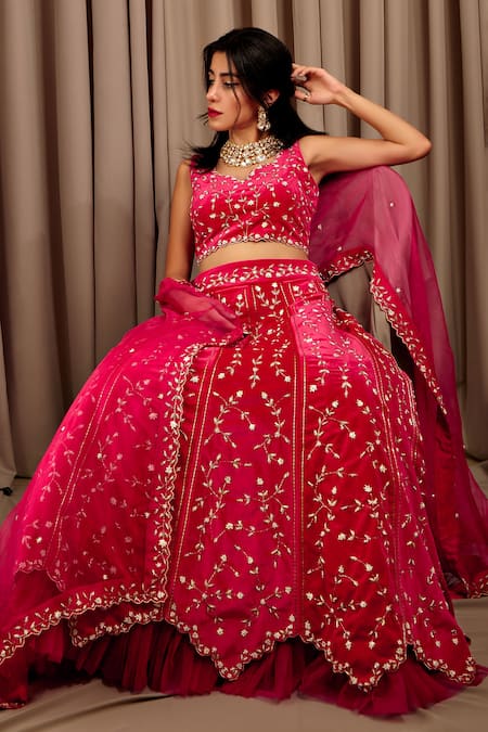 Shop Shloka Sudhakar Pink Seude Embroidery Zari V Neck Flower Lehenga Set Online at Aza Fashions Shop_Shloka Sudhakar_Pink Seude Embroidery Zari V Neck Flower Lehenga Set _Online_at_Aza_Fashions