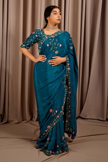 Exclusive Teal Blue Color Plain Saree With Work Blouse – Amrutamfab