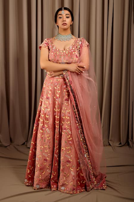 Shloka Sudhakar Pink Suede And Net Embroidery Floral U Neck Flower Bouquet Lehenga Set 