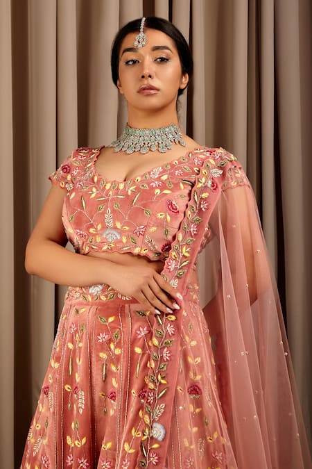 Shloka Sudhakar Pink Suede And Net Embroidery Floral U Neck Flower Bouquet Lehenga Set Online at Aza Fashions Shloka Sudhakar_Pink Suede And Net Embroidery Floral U Neck Flower Bouquet Lehenga Set _Online_at_Aza_Fashions