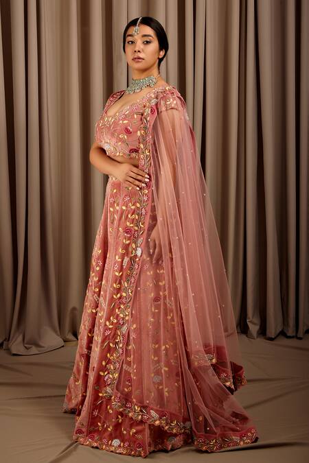 Buy Shloka Sudhakar Pink Suede And Net Embroidery Floral U Neck Flower Bouquet Lehenga Set Online at Aza Fashions Buy_Shloka Sudhakar_Pink Suede And Net Embroidery Floral U Neck Flower Bouquet Lehenga Set _Online_at_Aza_Fashions