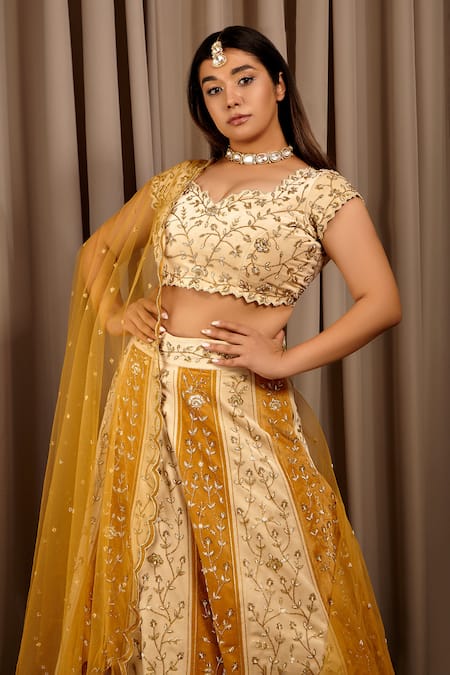 Shloka Sudhakar_Yellow Suede And Net Embroidery Floral Cut-work V Color Block Flower Lehenga Set _Online_at_Aza_Fashions