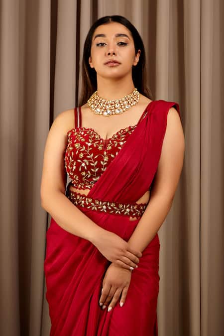 Shloka Sudhakar Red Suede, Chiffon Embroidery Sweetheart Neck Saree And Zari Bloom Blouse Set Online at Aza Fashions Shloka Sudhakar_Red Suede, Chiffon Embroidery Sweetheart Neck Saree And Zari Bloom Blouse Set _Online_at_Aza_Fashions