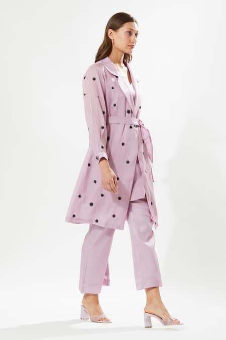 Buy_Meadow_Purple Silk Organza, Cotton Embroidery Collared, Round Neck Floral Kurta Set _Online_at_Aza_Fashions