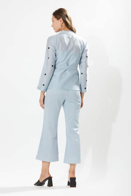 Shop Meadow Blue Silk, Cotton, Chanderi Embroidery Powder Floral Blazer And Inner Top at Aza Fashions Shop_Meadow_Blue Silk, Cotton, Chanderi Embroidery Powder Floral Blazer And Inner Top _at_Aza_Fashions