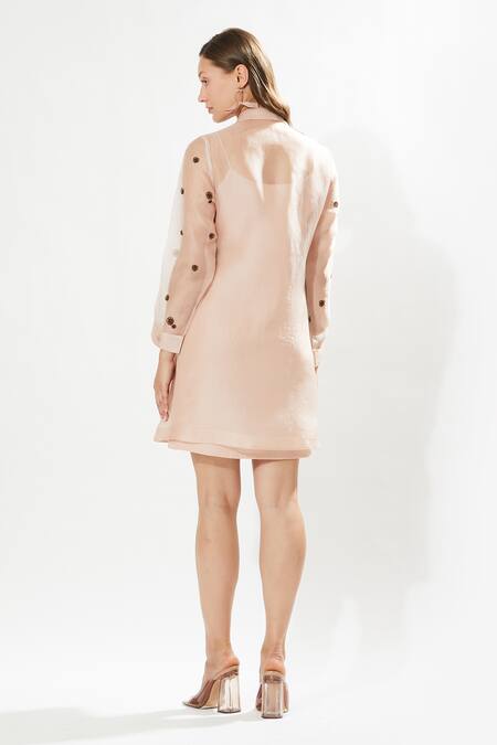 Shop Meadow Pink Silk Organza, Cotton Embroidery Collared, Round Lovebird Dress With Inner at Aza Fashions Shop_Meadow_Pink Silk Organza, Cotton Embroidery Collared, Round Lovebird Dress With Inner _at_Aza_Fashions