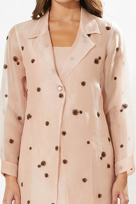 Meadow Pink Silk Organza, Cotton Embroidery Collared, Round Lovebird Dress With Inner Online at Aza Fashions Meadow_Pink Silk Organza, Cotton Embroidery Collared, Round Lovebird Dress With Inner _Online_at_Aza_Fashions