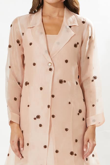 Meadow_Pink Silk Organza Embroidery Collared Lovebird Jacket _Online_at_Aza_Fashions