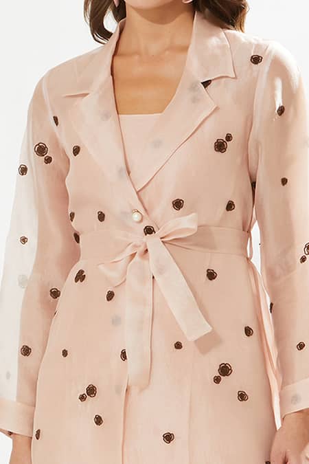 Meadow_Pink Silk Organza, Silk, Cotton Embroidery Collared Lovebird Kurta Set _Online_at_Aza_Fashions