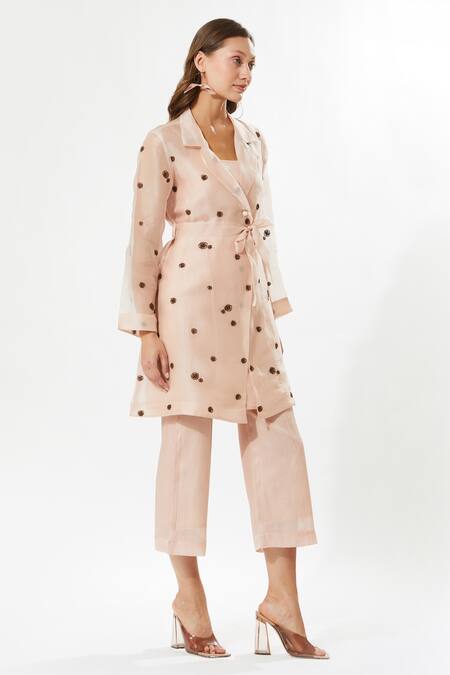 Shop_Meadow_Pink Silk Organza, Silk, Cotton Embroidery Collared Lovebird Kurta Set _Online_at_Aza_Fashions