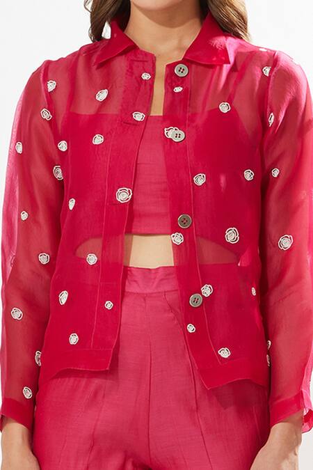 Meadow_Fuchsia Silk Organza, Cotton Embroidery Square Neck, Collared La Vie Pant Set _Online_at_Aza_Fashions