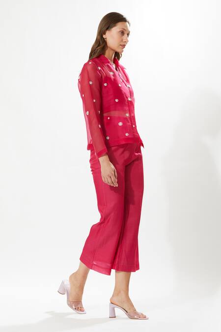 Buy_Meadow_Fuchsia Silk Organza, Cotton Embroidery Square Neck, Collared La Vie Pant Set _Online_at_Aza_Fashions