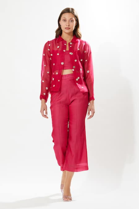 Shop_Meadow_Fuchsia Silk Organza Embroidery Shawl Neck La Vie Jacket _at_Aza_Fashions
