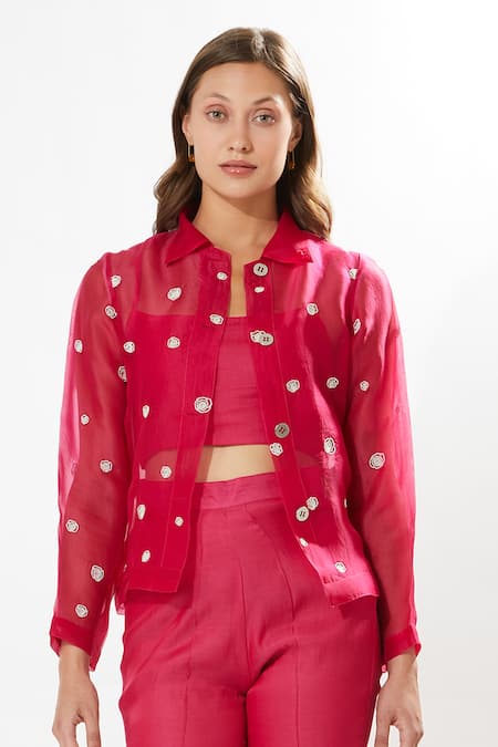 Meadow_Fuchsia Silk Organza, Cotton Embroidery Collared, La Vie Jacket With Inner Top _Online_at_Aza_Fashions