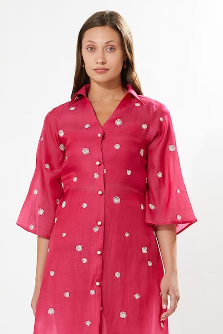 Meadow_Fuchsia Silk, Cotton, Organza Embroidery Square Neck La Vie Kurta Set _Online_at_Aza_Fashions