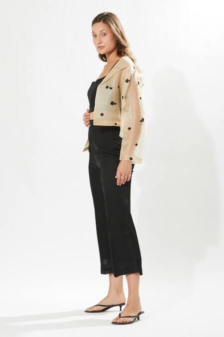 Buy_Meadow_Beige Silk Organza, Silk, Cotton Embroidery Collared Madison Jacket Pant Set _Online_at_Aza_Fashions