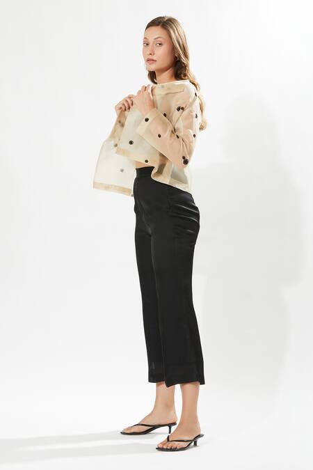 Shop_Meadow_Beige Silk, Cotton, Organza Embroidery Shawl Neck Madison Jacket _at_Aza_Fashions