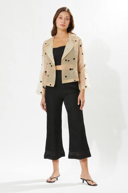 Meadow_Beige Silk, Cotton, Organza Embroidery Shawl Neck Madison Jacket _Online_at_Aza_Fashions