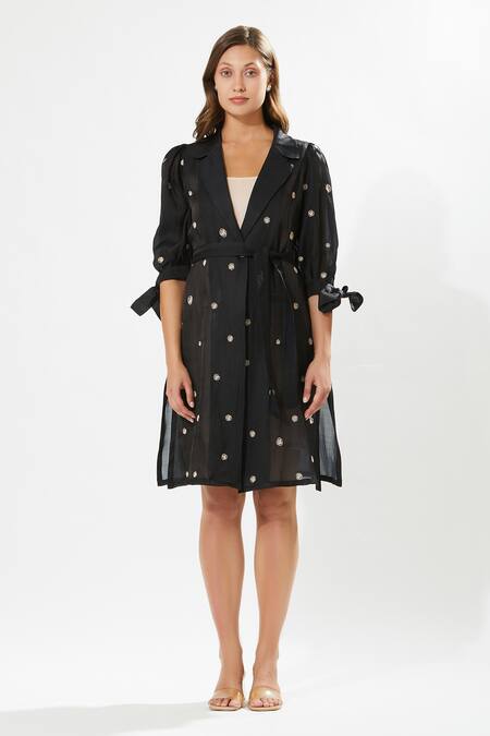 Meadow_Black , Cotton, Organza Embroidery Moonflower Coat Dress With Slip _Online_at_Aza_Fashions